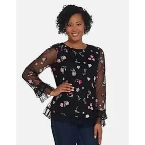 Du Jour Black Floral Embroidered Blouse Top Mesh Sheer Ruffle Hem (size S)